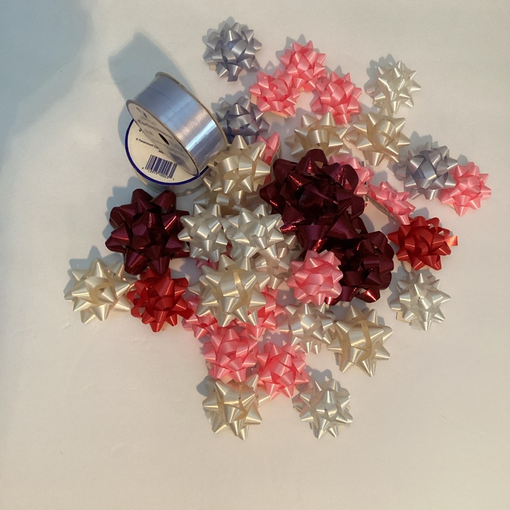 Bows& curling ribbon,🆕 self stick gift package small bows, mini silver & pink